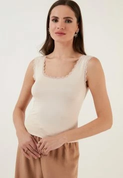 LELA SQUARE NECK LACE DETAILED ATHLETE - Top - Stone Colored